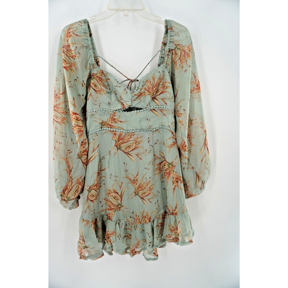 Hello Molly Sage Green Floral Cutout Mini Dress Lace Trim Ruffle Hem Women's US4 - Picture 4 of 9